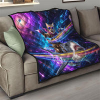 Cat Riding Shark In Space Quilt Funny Cosmic Laser Cat And Shark Surreal Sci-Fi