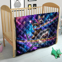 Cat Riding Shark In Space Quilt Funny Cosmic Laser Cat And Shark Surreal Sci-Fi