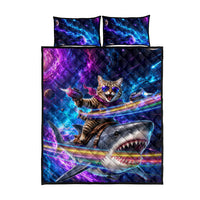 Cat Riding Shark In Space Quilt Bed Set Funny Cosmic Laser Cat And Shark Surreal Sci-Fi