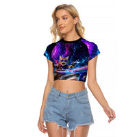 Cat Riding Shark In Space Raglan Cropped T Shirt Funny Cosmic Laser Cat And Shark Surreal Sci-Fi