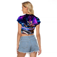 Cat Riding Shark In Space Raglan Cropped T Shirt Funny Cosmic Laser Cat And Shark Surreal Sci-Fi