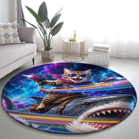 Cat Riding Shark In Space Round Carpet Funny Cosmic Laser Cat And Shark Surreal Sci-Fi