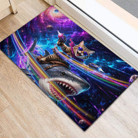 Cat Riding Shark In Space Rubber Doormat Funny Cosmic Laser Cat And Shark Surreal Sci-Fi
