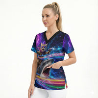 Cat Riding Shark In Space Scrub Top Funny Cosmic Laser Cat And Shark Surreal Sci-Fi