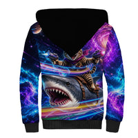 Cat Riding Shark In Space Sherpa Hoodie Funny Cosmic Laser Cat And Shark Surreal Sci-Fi