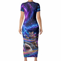 Cat Riding Shark In Space Short Sleeve Bodycon Dress Funny Cosmic Laser Cat And Shark Surreal Sci-Fi