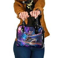 Cat Riding Shark In Space Shoulder Handbag Funny Cosmic Laser Cat And Shark Surreal Sci-Fi