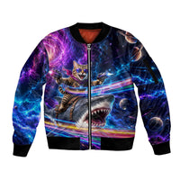 Cat Riding Shark In Space Sleeve Zip Bomber Jacket Funny Cosmic Laser Cat And Shark Surreal Sci-Fi