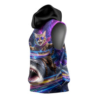 Cat Riding Shark In Space Sleeveless Hoodie Funny Cosmic Laser Cat And Shark Surreal Sci-Fi