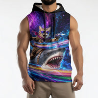 Cat Riding Shark In Space Sleeveless Hoodie Funny Cosmic Laser Cat And Shark Surreal Sci-Fi