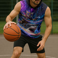 Cat Riding Shark In Space Sleeveless Hoodie Funny Cosmic Laser Cat And Shark Surreal Sci-Fi