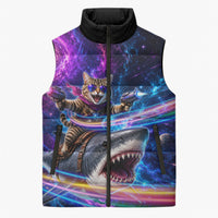 Cat Riding Shark In Space Sleeveless Puffer Jacket Funny Cosmic Laser Cat And Shark Surreal Sci-Fi