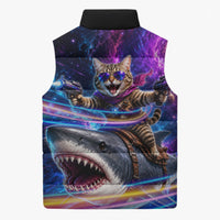Cat Riding Shark In Space Sleeveless Puffer Jacket Funny Cosmic Laser Cat And Shark Surreal Sci-Fi