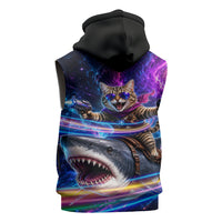 Cat Riding Shark In Space Sleeveless Zip Hoodie Funny Cosmic Laser Cat And Shark Surreal Sci-Fi