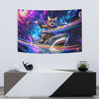 Cat Riding Shark In Space Tapestry Funny Cosmic Laser Cat And Shark Surreal Sci-Fi