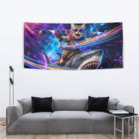Cat Riding Shark In Space Tapestry Funny Cosmic Laser Cat And Shark Surreal Sci-Fi