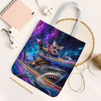 Cat Riding Shark In Space Tote Bag Funny Cosmic Laser Cat And Shark Surreal Sci-Fi