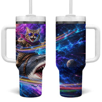 Cat Riding Shark In Space Tumbler With Handle Funny Cosmic Laser Cat And Shark Surreal Sci-Fi