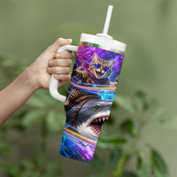 Cat Riding Shark In Space Tumbler With Handle Funny Cosmic Laser Cat And Shark Surreal Sci-Fi