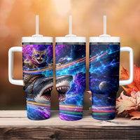 Cat Riding Shark In Space Tumbler With Handle Funny Cosmic Laser Cat And Shark Surreal Sci-Fi