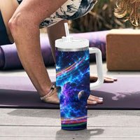 Cat Riding Shark In Space Tumbler With Handle Funny Cosmic Laser Cat And Shark Surreal Sci-Fi