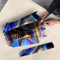 Cat Riding Shark In Space Umbrella Funny Cosmic Laser Cat And Shark Surreal Sci-Fi