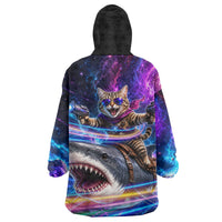 Cat Riding Shark In Space Wearable Blanket Hoodie Funny Cosmic Laser Cat And Shark Surreal Sci-Fi