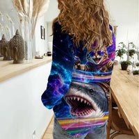 Cat Riding Shark In Space Women Casual Shirt Funny Cosmic Laser Cat And Shark Surreal Sci-Fi