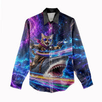 Cat Riding Shark In Space Women Casual Shirt Funny Cosmic Laser Cat And Shark Surreal Sci-Fi