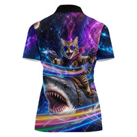 Cat Riding Shark In Space Women Polo Shirt Funny Cosmic Laser Cat And Shark Surreal Sci-Fi