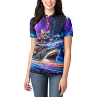 Cat Riding Shark In Space Women Polo Shirt Funny Cosmic Laser Cat And Shark Surreal Sci-Fi