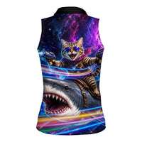 Cat Riding Shark In Space Women Sleeveless Polo Shirt Funny Cosmic Laser Cat And Shark Surreal Sci-Fi