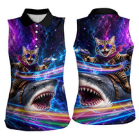Cat Riding Shark In Space Women Sleeveless Polo Shirt Funny Cosmic Laser Cat And Shark Surreal Sci-Fi