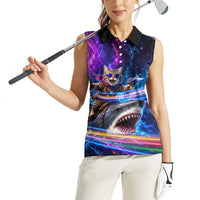 Cat Riding Shark In Space Women Sleeveless Polo Shirt Funny Cosmic Laser Cat And Shark Surreal Sci-Fi