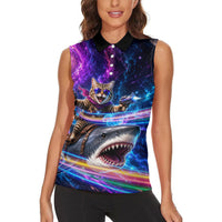Cat Riding Shark In Space Women Sleeveless Polo Shirt Funny Cosmic Laser Cat And Shark Surreal Sci-Fi