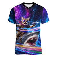 Cat Riding Shark In Space Women V-Neck T-Shirt Funny Cosmic Laser Cat And Shark Surreal Sci-Fi