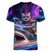 Cat Riding Shark In Space Women V-Neck T-Shirt Funny Cosmic Laser Cat And Shark Surreal Sci-Fi