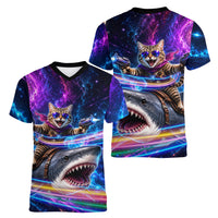 Cat Riding Shark In Space Women V-Neck T-Shirt Funny Cosmic Laser Cat And Shark Surreal Sci-Fi
