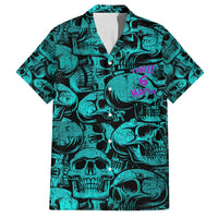 Teal Hawaiian shirt front view, button-up placket, skull print with purple “THREE 6 MAFIA”