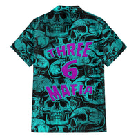 Teal Hawaiian shirt front flat lay with black skull pattern and purple “THREE 6 MAFIA”