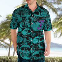Teal Hawaiian button-up with black skull print and purple “THREE 6 MAFIA” text