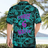 Teal Hawaiian shirt, back view with large purple “THREE 6 MAFIA” skull logo