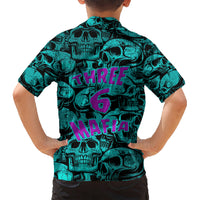 Teal kids Hawaiian shirt, back view with large purple “THREE 6 MAFIA” skull graphic
