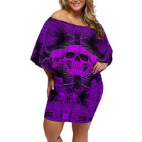 Women’s off-shoulder short dress, purple skull print on dark base