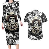 Skull Cowboy Couples Matching Long Sleeve Bodycon Dress and Hawaiian Shirt Out Law - Wonder Print Shop