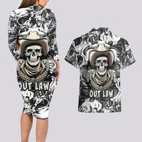 Skull Cowboy Couples Matching Long Sleeve Bodycon Dress and Hawaiian Shirt Out Law - Wonder Print Shop