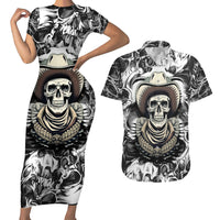 Skull Cowboy Couples Matching Short Sleeve Bodycon Dress and Hawaiian Shirt Out Law - Wonder Print Shop