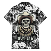 Black-and-white cowboy skull Hawaiian shirt with “Out Law” graphic on the chest