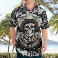 Black-and-white skull cowboy Hawaiian shirt, open collar, short sleeves, full chest graphic