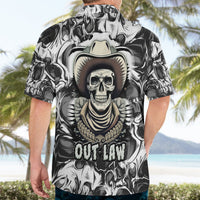 Black-and-white skull cowboy Hawaiian shirt with “Out Law” chest text and cowboy hat